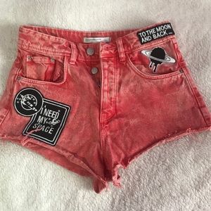 Acid wash red denim shorts